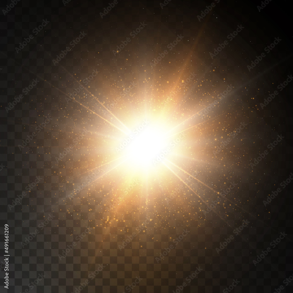 light effect. The star flared brightly. Gold glitter texture with lots of chaotic sparkles. Vector