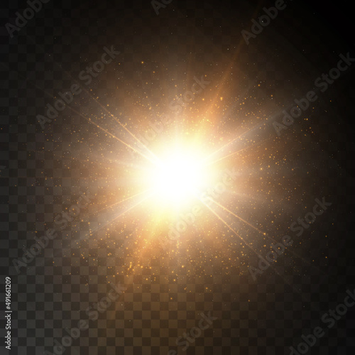 light effect. The star flared brightly. Gold glitter texture with lots of chaotic sparkles. Vector