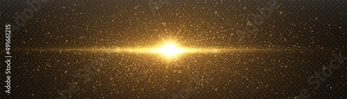 Abstract stylish light effect on black transparent background. Golden glowing neon linear glow. Golden glowing dust and glare. Flash Light. Easy trail. Vector illustration. EPS 10