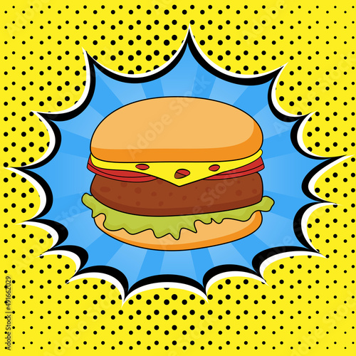 Poster with burger in pop art comic style.