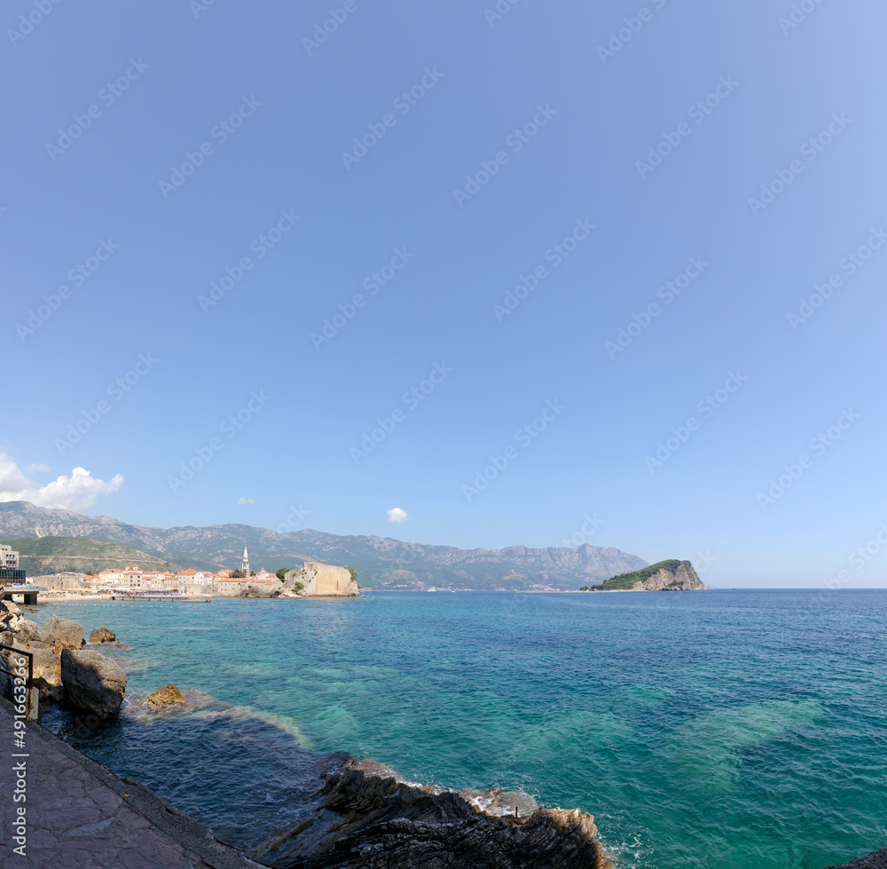 View towards Budva bay with Saint Nicholas island, Montenegro.