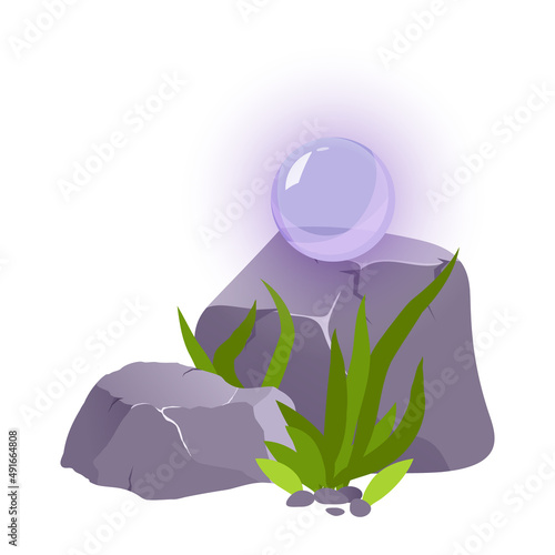 Magic fortune crystal ball on the stone. Cartoon witchcrafts atribut. Vector illustration on the white background.