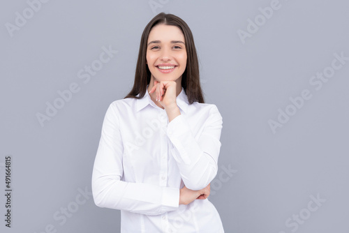 cheerful businesslady in white shirt. business success. successful woman