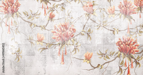 Fototapeta samoprzylepna namalowane kwiaty z przetarciami na teksturowym tle z elementami zużytych kafli