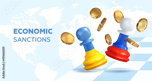 Economic sanctions. Chess with the flags of Russia and Ukraine a metaphor for the conflict. Realistic vector illustration
