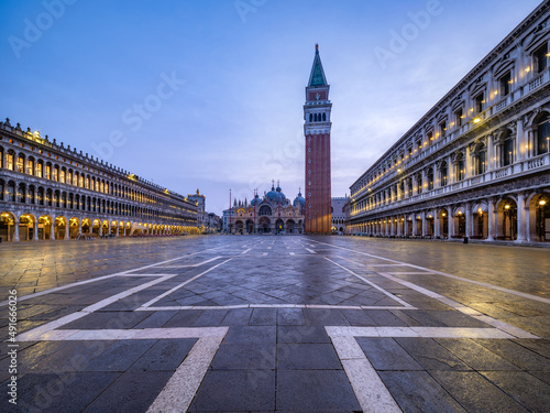 Piazza San Marco with St Mark's Basilica and Campanile at dusk, Venice, Italy photo