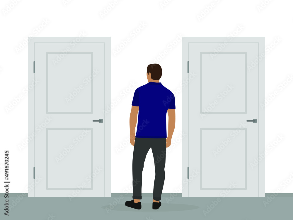 Male character stands in front of two identical doors on a white background
