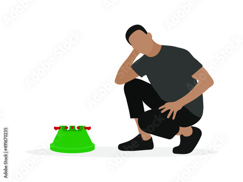 Male character squatting near christmas tree stand isolated on white background