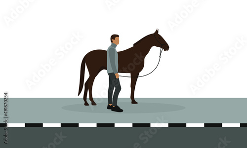Male character with horse stand on sidewalk on white background