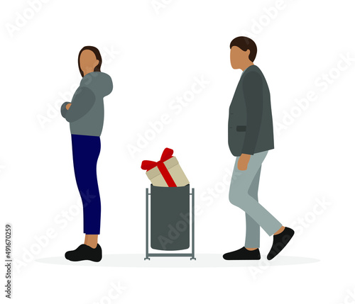 Female character with crossed arms, gift box in trash can and male character on white background