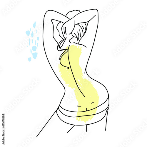 The nude girl stands backwards, raising her hands up, a female figure, , vector, sketch on the background of abstract spots.