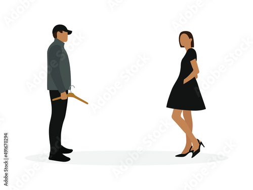 Male character with hanger in hand and female character in dress together on white background
