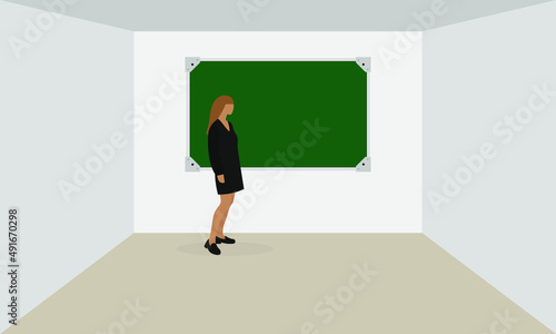 A female character is standing in a room near a chalkboard