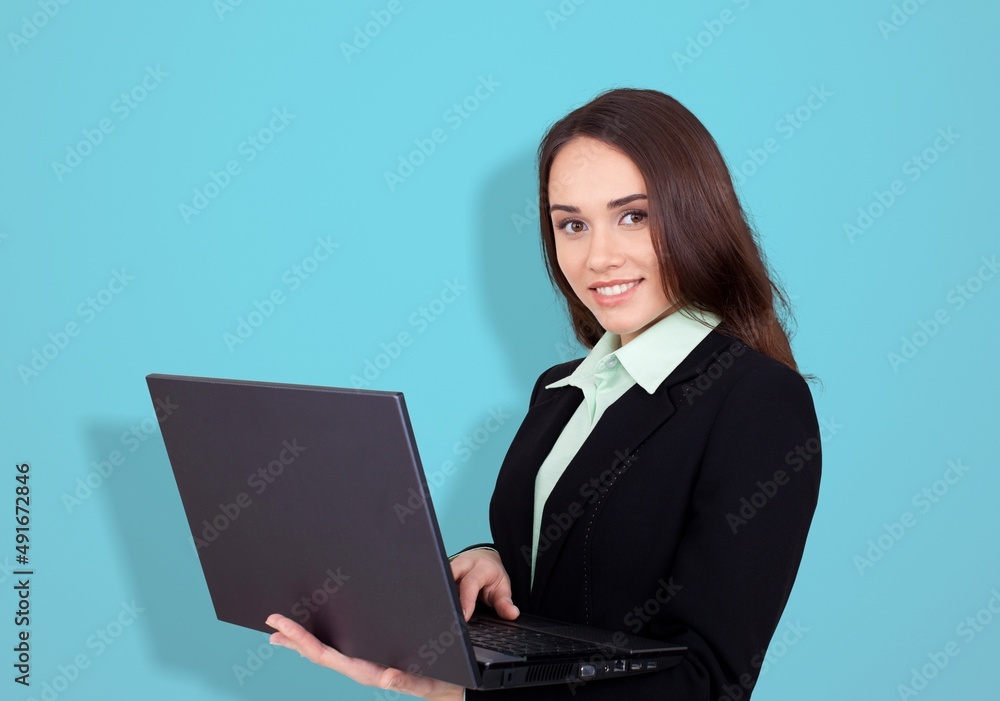 Photo of young girl happy positive smile work laptop programmer on background Photo of young girl happy positive smile work laptop programmer on background
