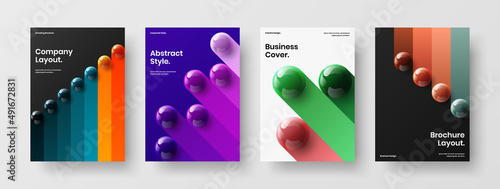 Creative annual report A4 vector design concept bundle. Fresh 3D spheres front page template set.