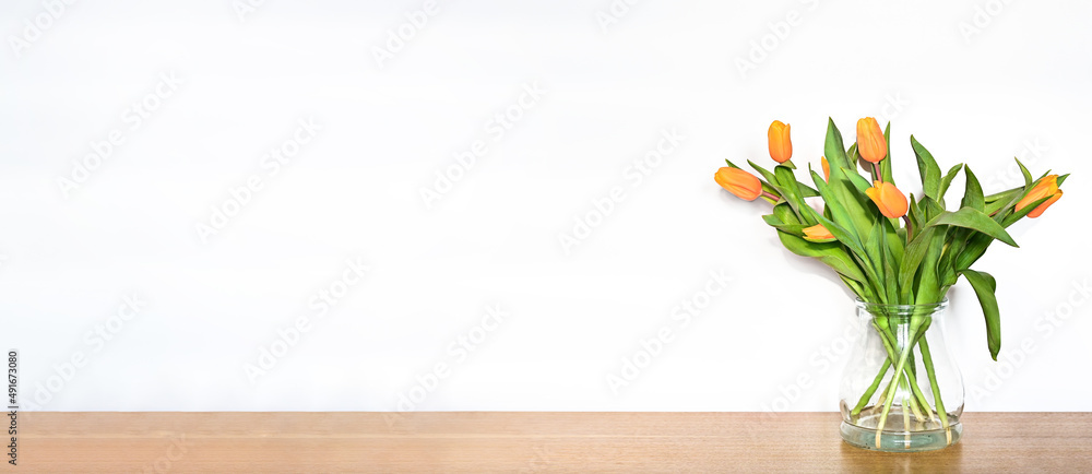Fototapeta premium Yelow tulips on white background with copy space. Banner for website.