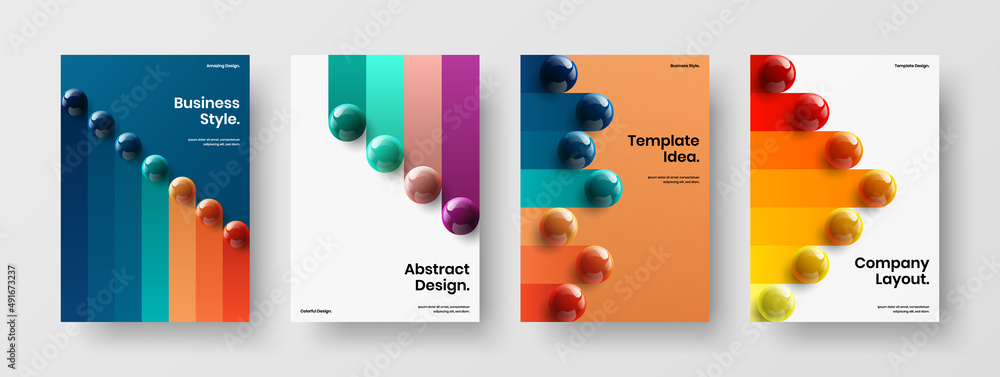 Bright realistic spheres corporate identity concept bundle. Geometric placard A4 design vector illustration composition.