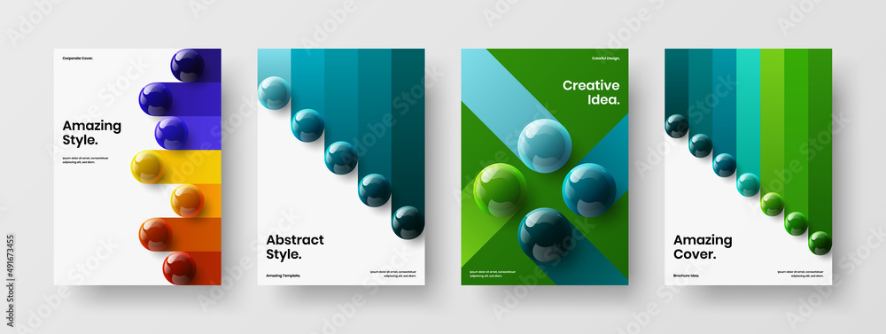 Fresh booklet A4 design vector template composition. Abstract 3D balls leaflet illustration bundle.