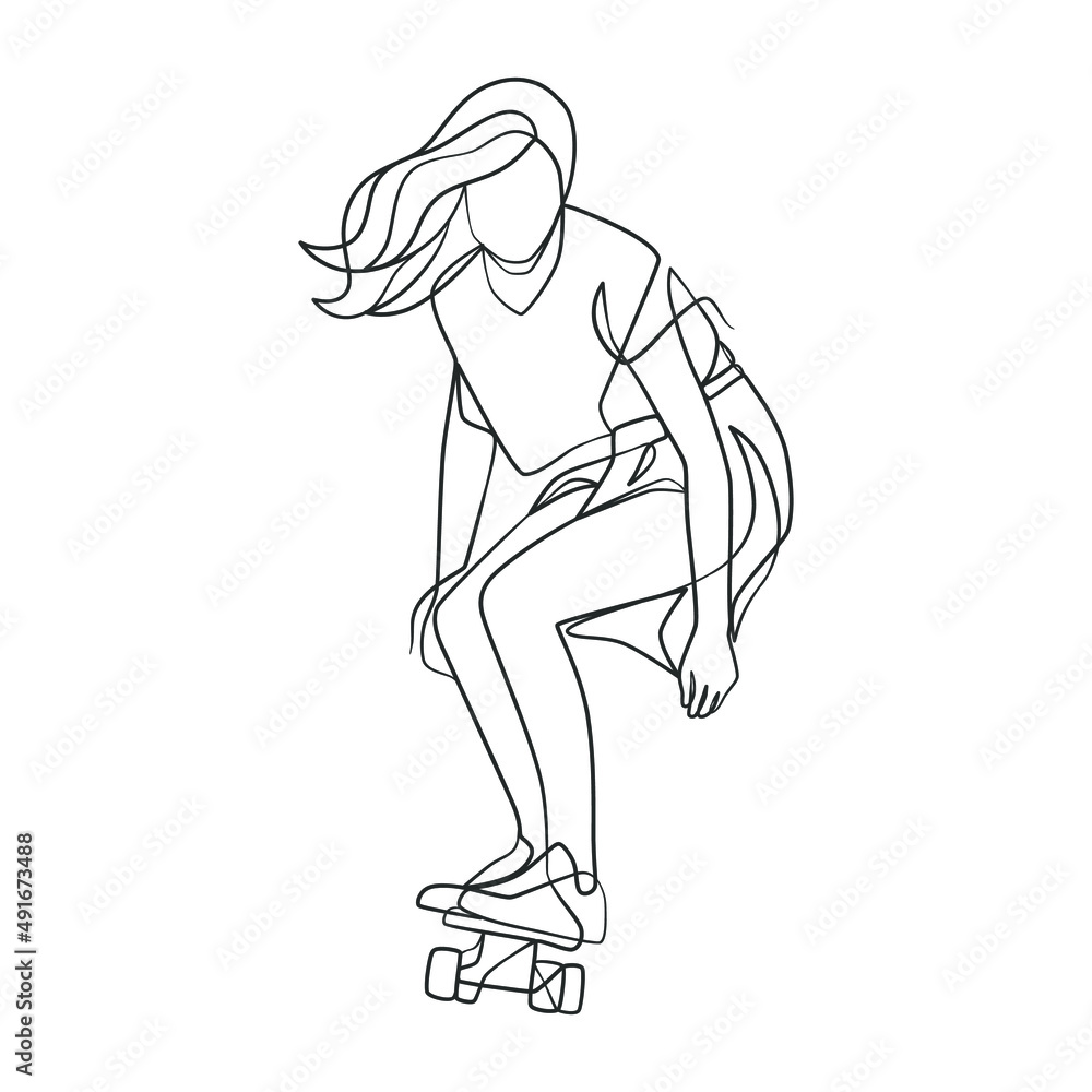 Continuous line drawing of girl playing skateboard Continuous line drawing of girl playing skateboard