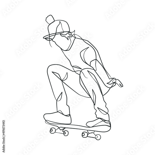 Continuous line drawing of man playing skateboard