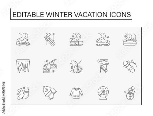 Winter vacation line icons set. Resort. Fun time with family. Skiing, skating. Christmas presents. Special date. Celebration concept. Isolated vector illustration. Editable stroke