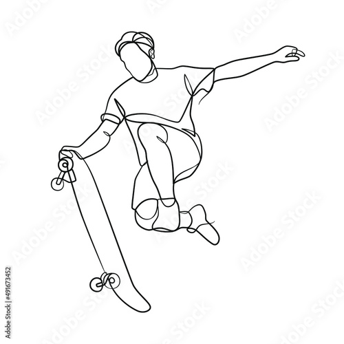 Continuous line drawing of man playing skateboard
