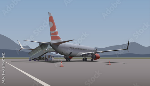 Gangway near the plane, the airport on the background of the mountains. Vector.
