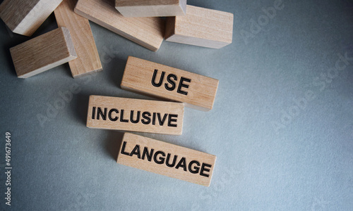 The inscription USE INCLUSIVE LANGUAGE on wooden cubes isolated on a light background, the concept of business and finance.