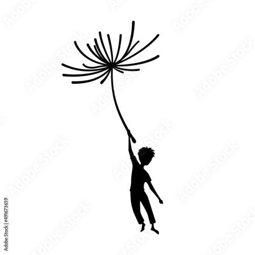 Isolated boy flying on dandelion seed. Dream scene. Black silhouette of fantasy adventure
