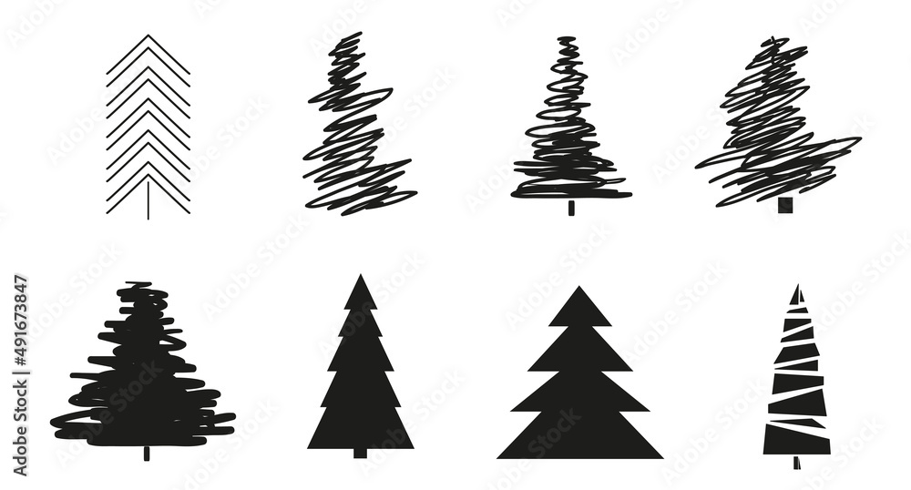Obraz premium Christmas trees on white. Set for design on isolated background. Geometric art. Objects for polygraphy, posters, t-shirts and textiles. Black and white illustration