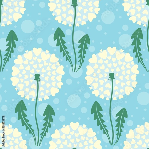 Seamless pattern with lovely heart shaped dandelions. Vector illustration.