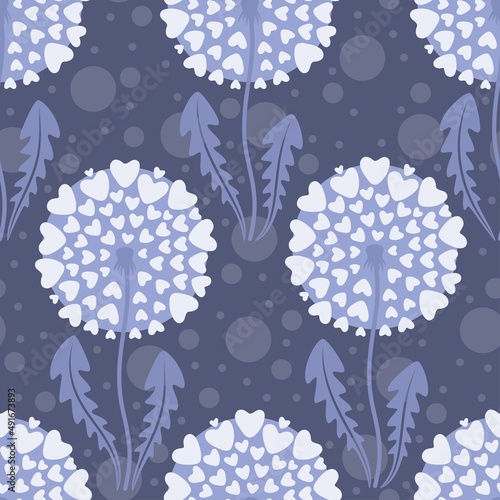 Seamless pattern with lovely heart shaped dandelions. Vector illustration.