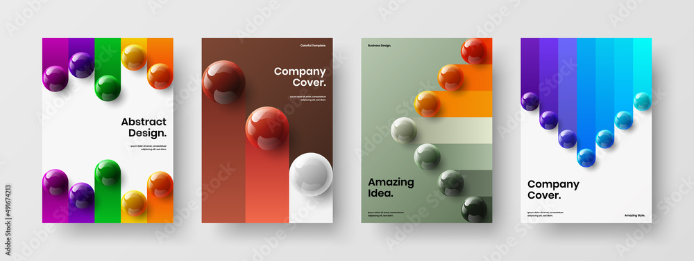 Abstract 3D spheres leaflet concept set. Unique company brochure vector design illustration collection.
