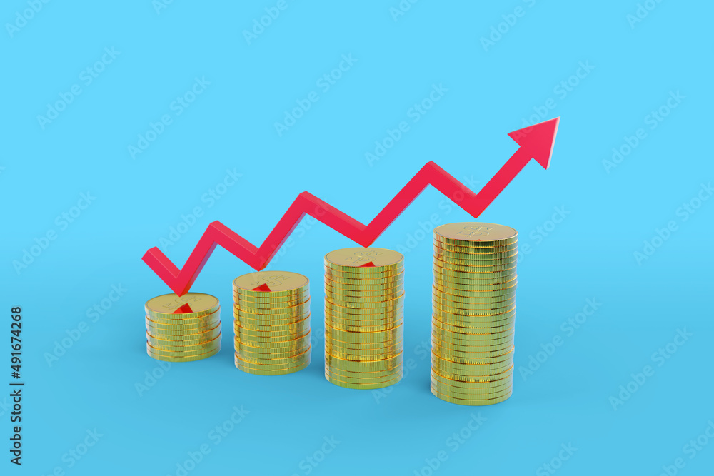 Growth bar chart with stacks of coins isolated on blue background. 3D illustration.