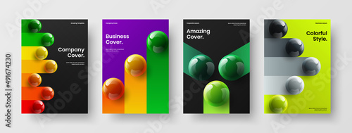 Simple leaflet A4 design vector template collection. Isolated 3D spheres catalog cover concept bundle.
