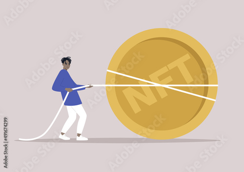 A startup funding: a young male African character pulling a giant golden coin, tug of war in business, a fundraising campaign