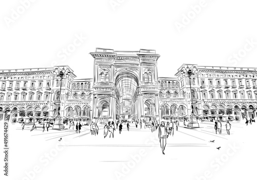 Milan. Italy. Piazza del Duomo. Victor Emanuel II Gallery. Hand drawn sketch. Vector illustration.