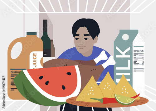 A young male Asian character looking into a fridge, lunch at home, a lockdown lifestyle