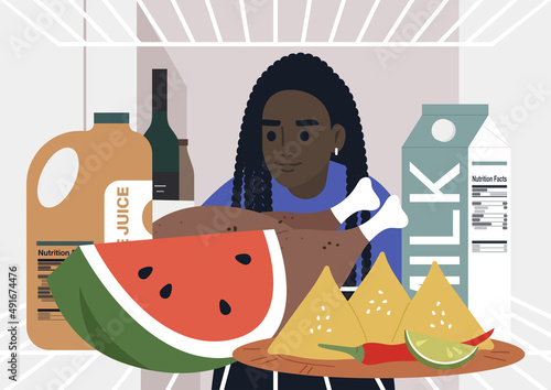 A young female African character looking into a fridge, lunch at home, a lockdown lifestyle