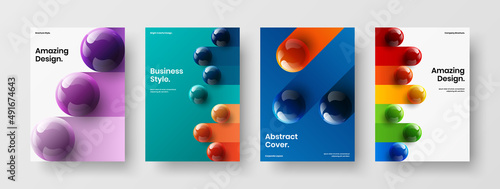 Colorful pamphlet design vector template composition. Amazing 3D spheres front page layout collection.