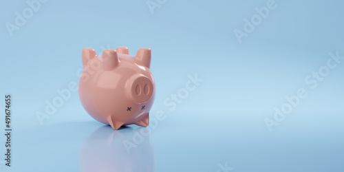 Upside down dead piggy bank with copy space. Bankruptcy concept. 3d illustration. photo