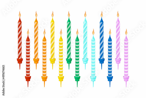Candles for the cake. Colorful holiday candles for cake decoration. Bright accessories for the holiday. Vector illustration