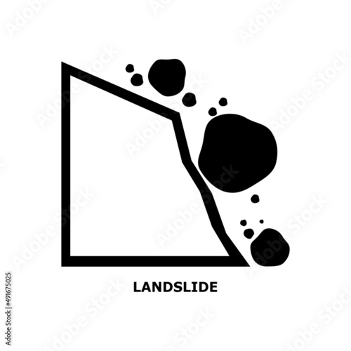 Beware of rockfall mountain hill landslide natural disaster warning sign black icon flat vector design.