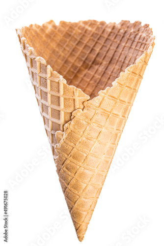 Big empty crispy ice cream waffle cone isolated on white background
