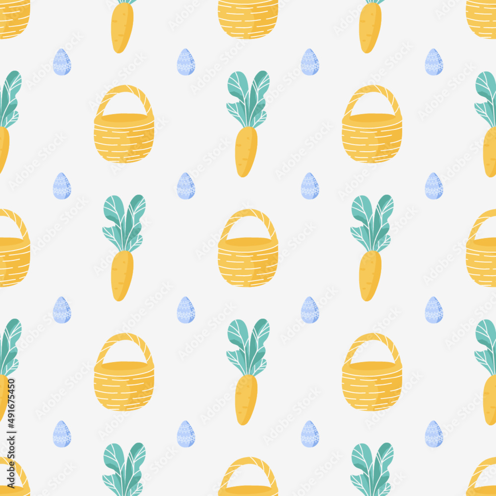 Vector seamless pattern with Easter eggs, baskets and carrots