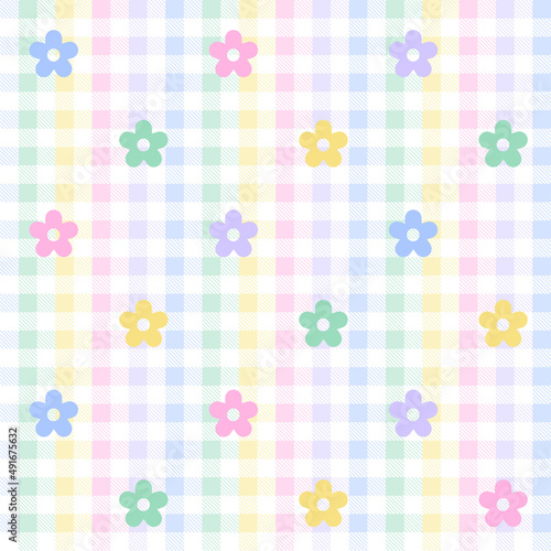 Rainbow Purple Blue Green Yellow Orange Pink Cute Daisy Flower Colorful Plaid Gingham Pattern Background Vector Cartoon Illustration Tablecloth, Picnic mat wrap paper, Mat, Fabric, Textile, Scarf.