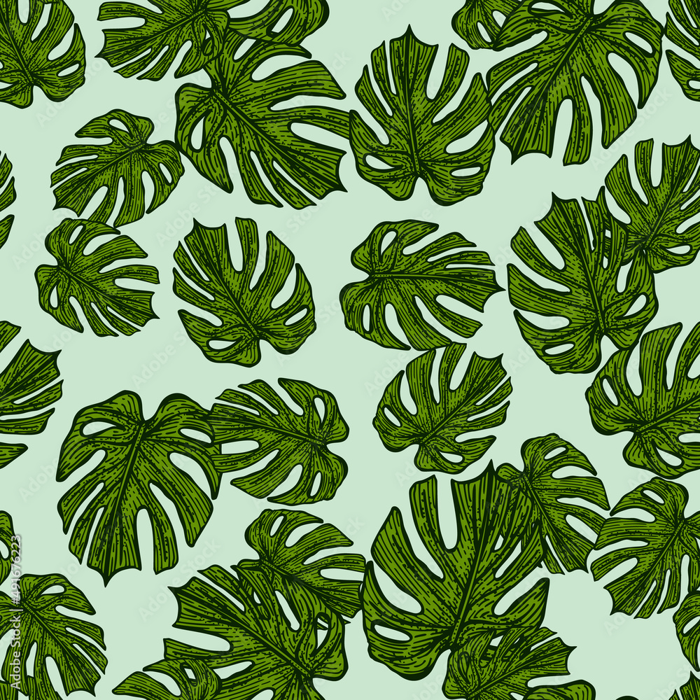 Engraving leaf monstera seamless pattern. Vintage leaves background.