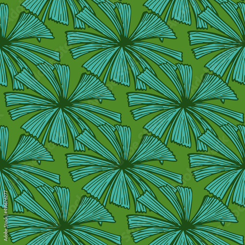 Fan palm leaves seamless pattern on. Vintage foliage of palmetto in engraving style.