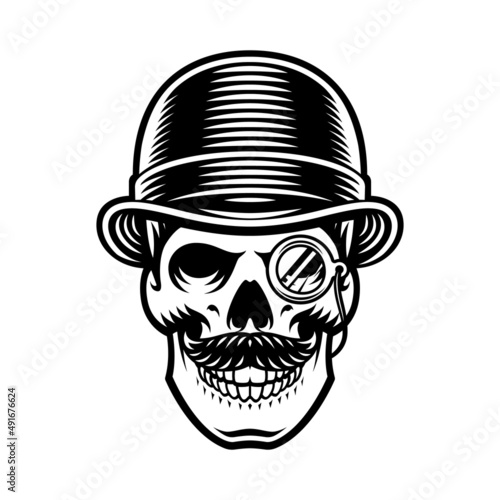 Vintage illustration barber skull in hat and monocle