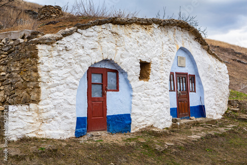 Beautiful traditional Moldovan colorful houses from the village of Rogojeni, Moldova